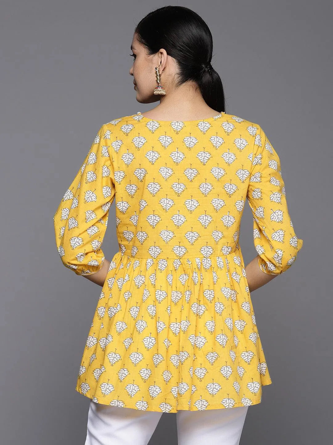 Yellow Printed Cotton A-Line Kurti - Libas 