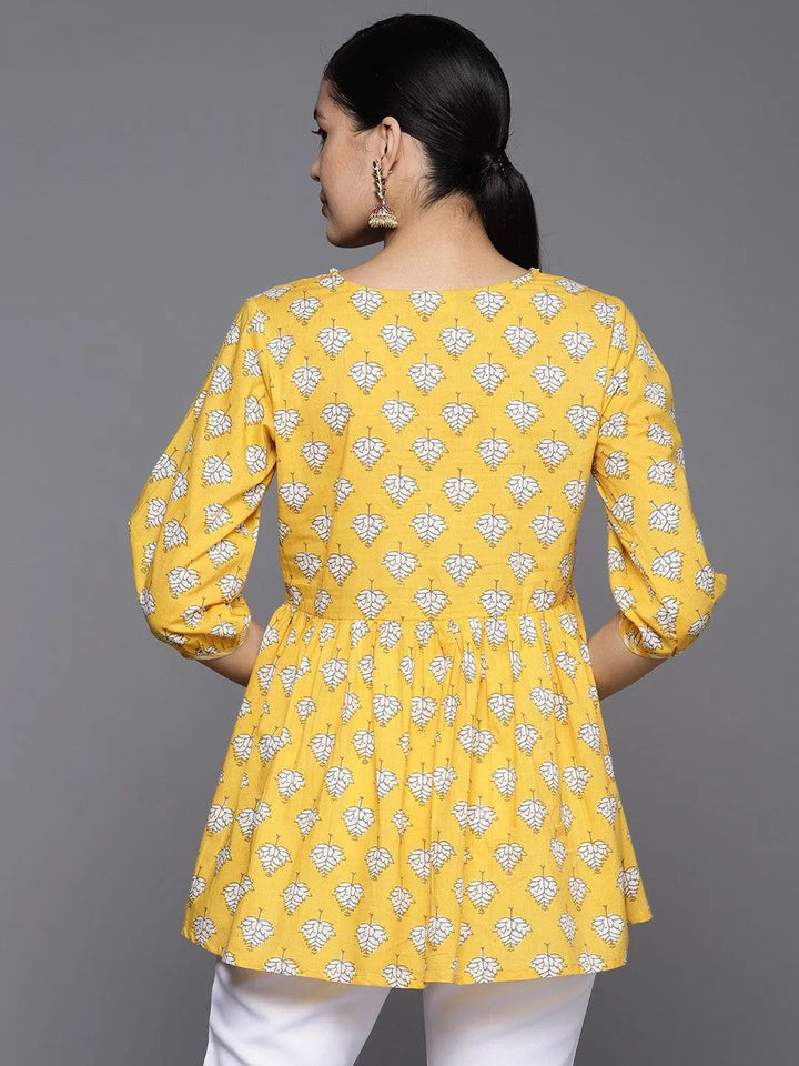 Yellow Printed Cotton A-Line Kurti - Libas