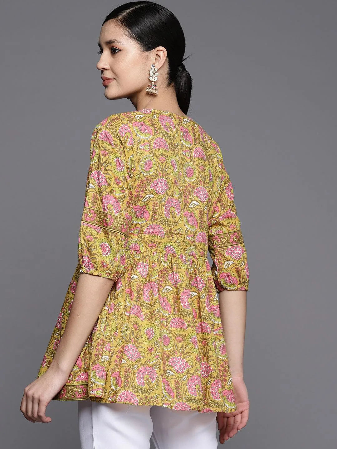 Yellow Printed Cotton A-Line Kurti - Libas 