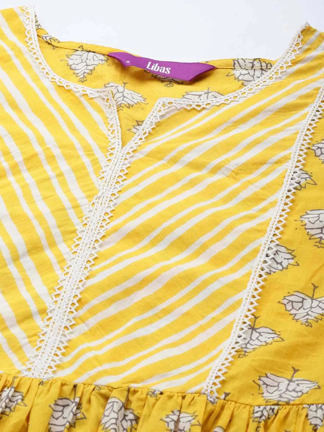 Yellow Printed Cotton A-Line Kurti - Libas 