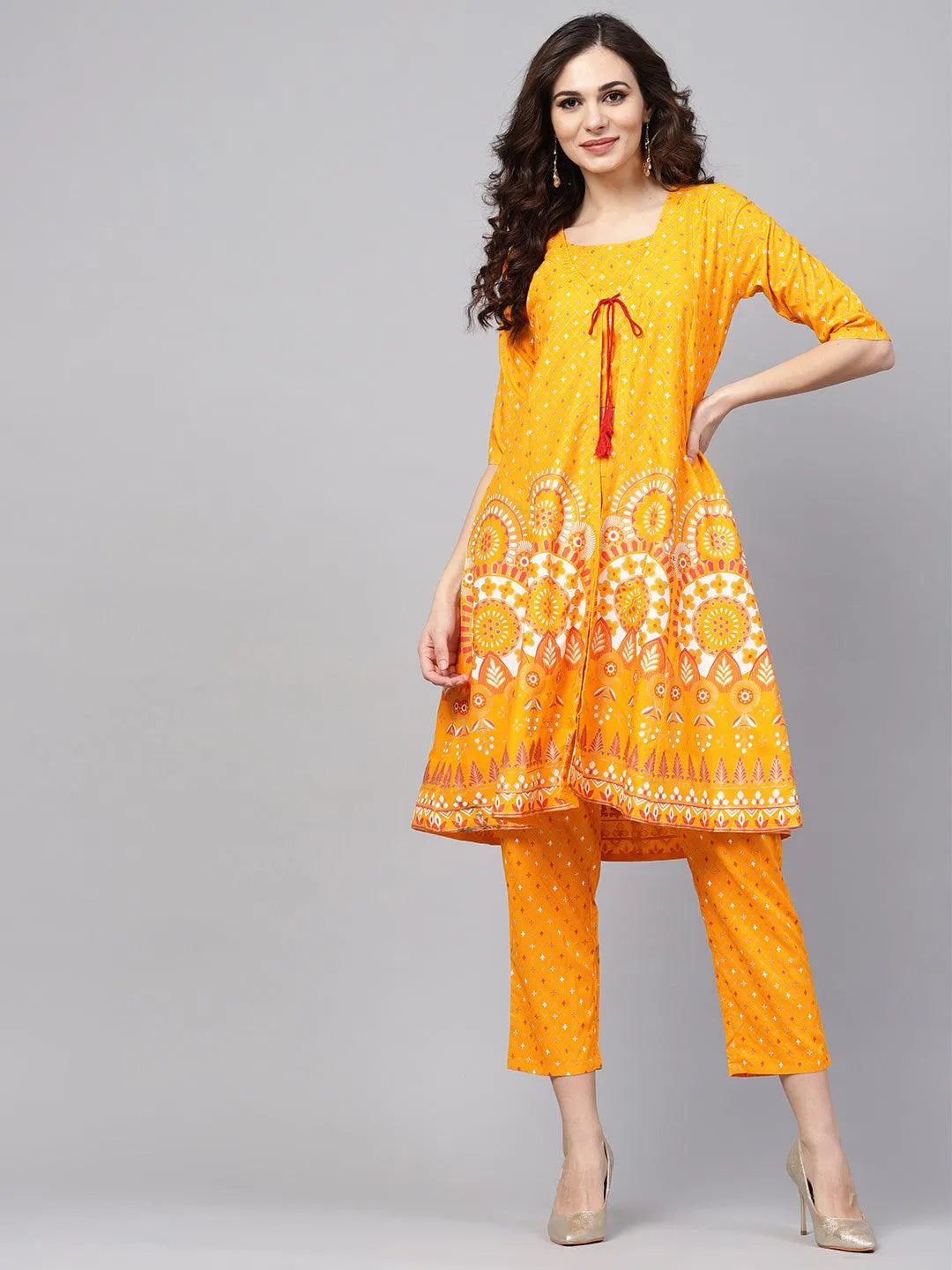 Yellow Printed Cotton Kurta Set With Jacket - Libas