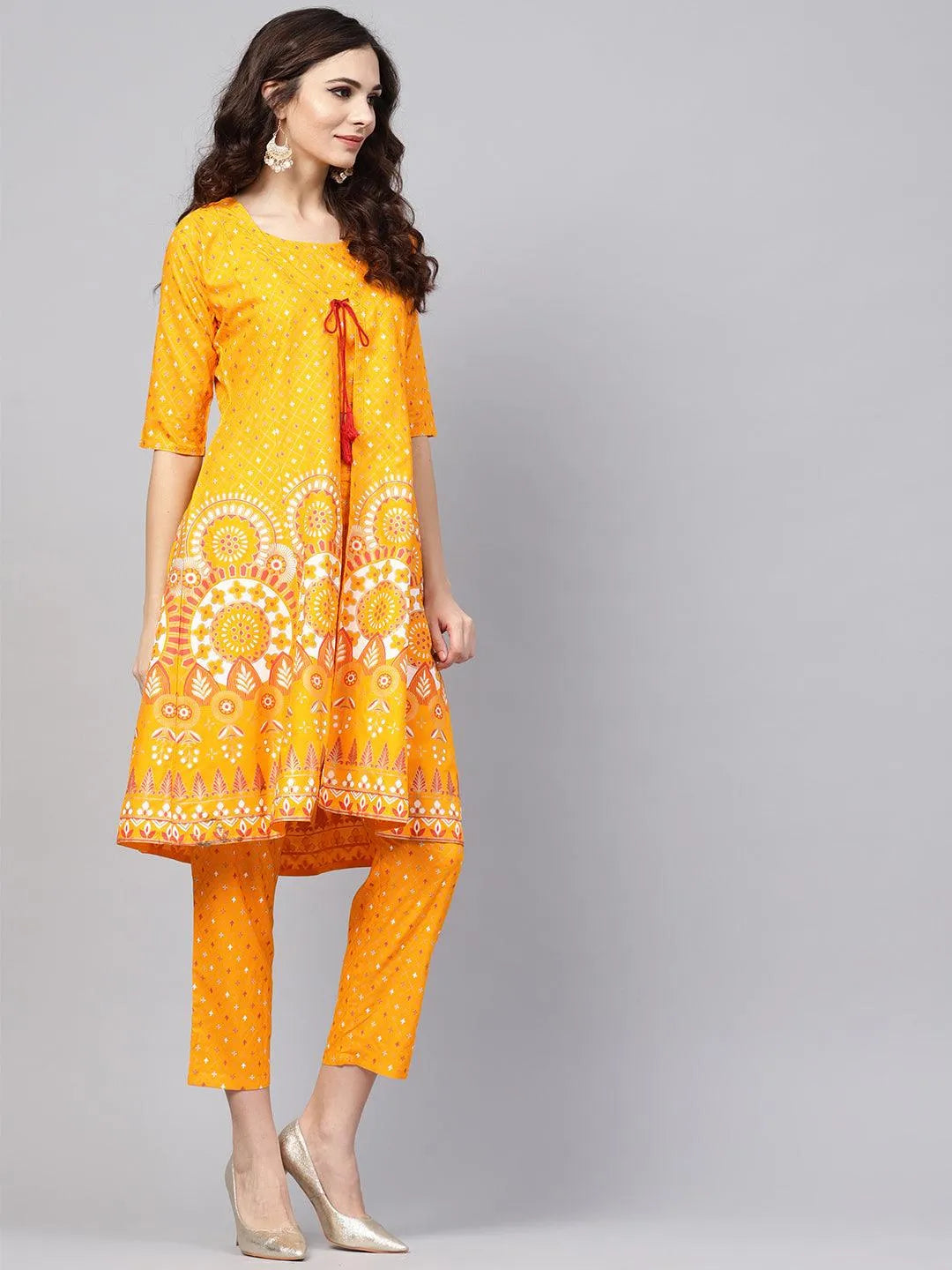 Yellow Printed Cotton Kurta Set With Jacket - Libas