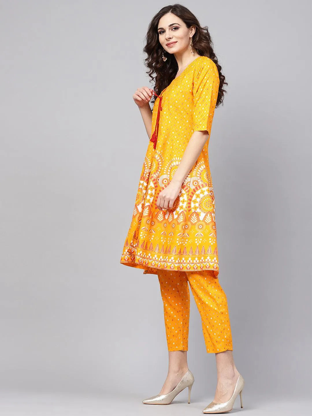 Yellow Printed Cotton Kurta Set With Jacket - Libas