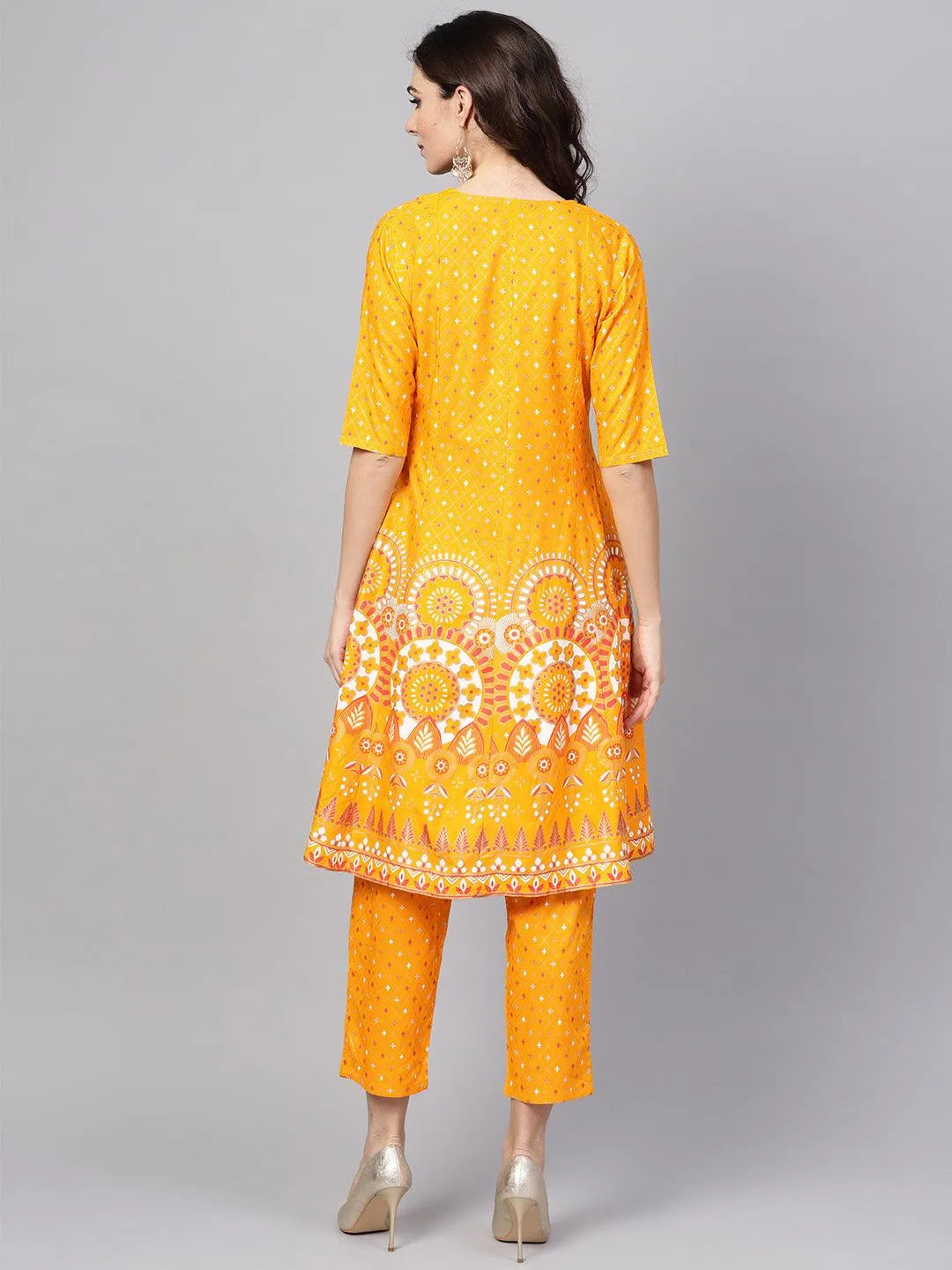 Yellow Printed Cotton Kurta Set With Jacket - Libas