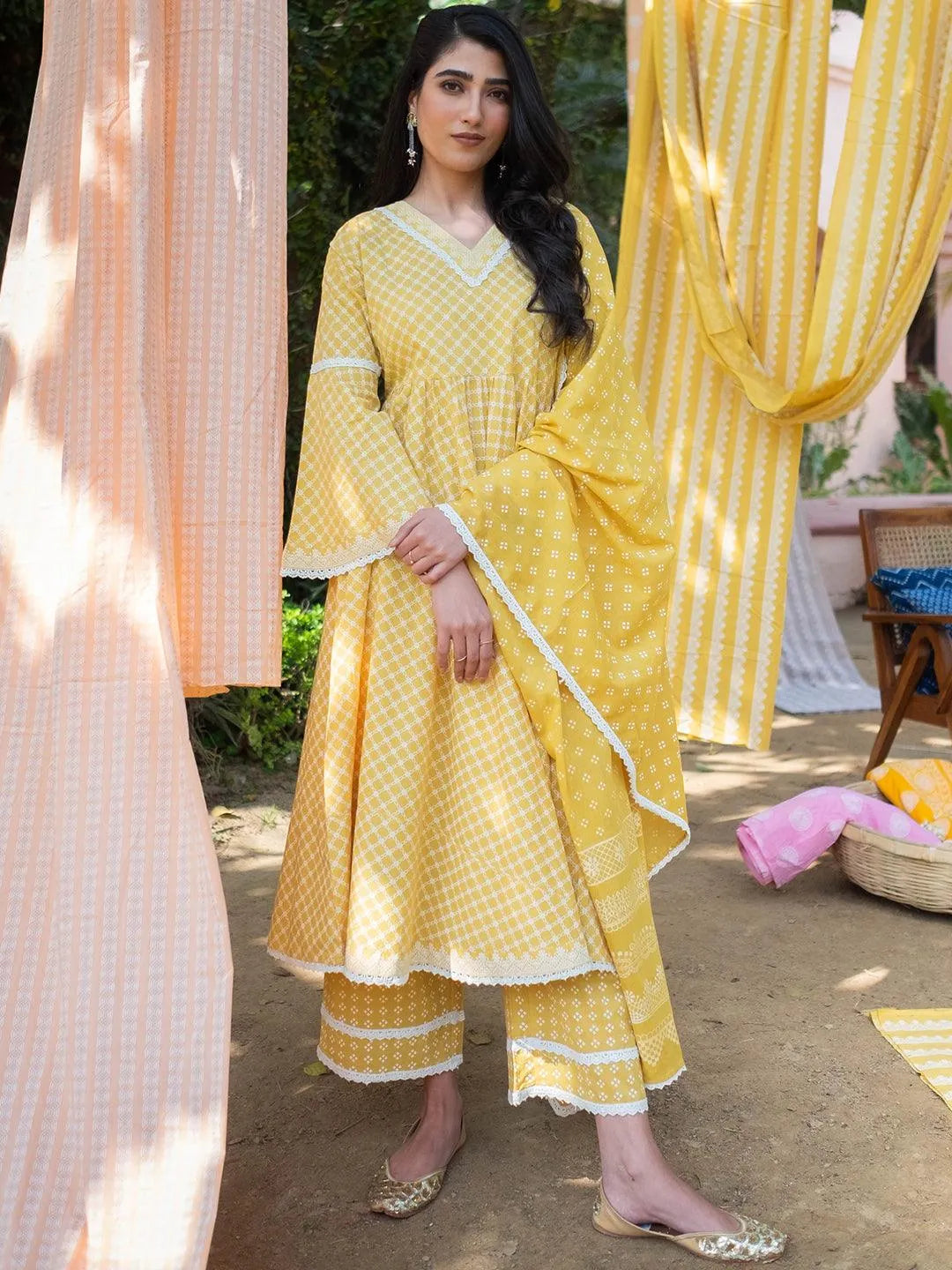 Yellow Printed Cotton Suit Set - Libas 