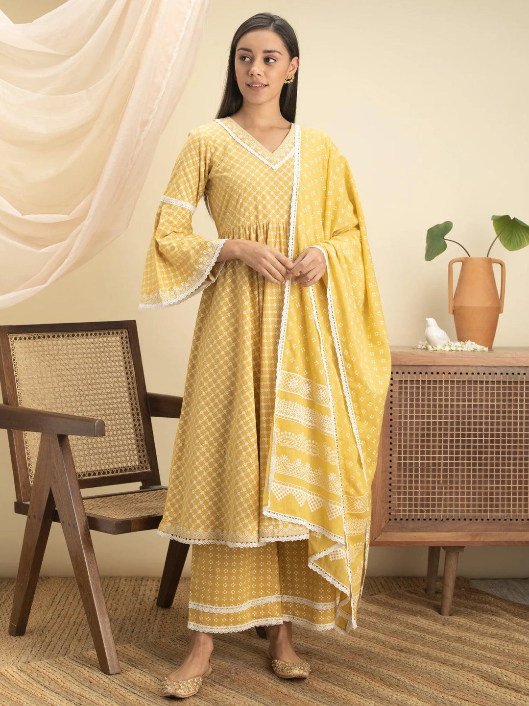 Yellow Printed Cotton Suit Set - Libas