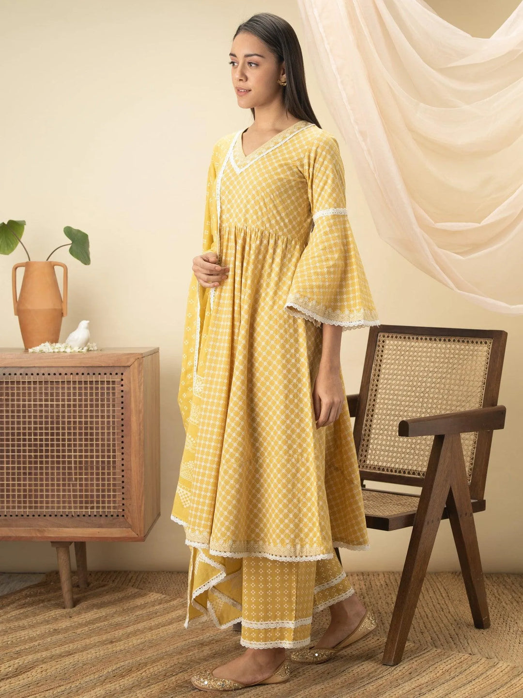 Yellow Printed Cotton Suit Set - Libas 