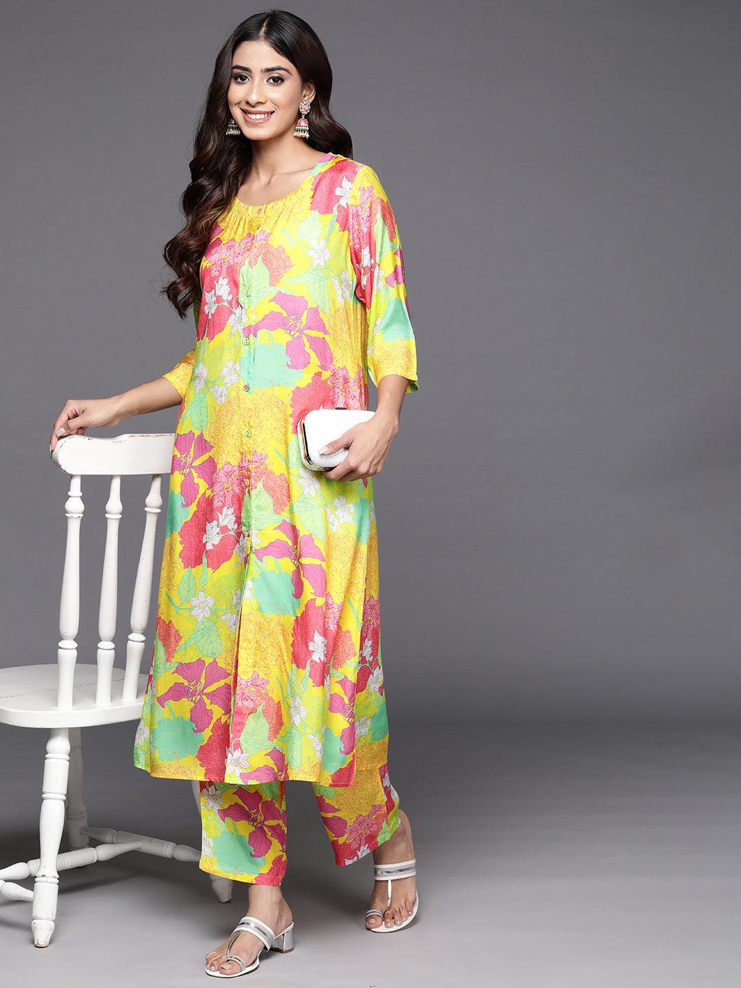 Yellow Printed Cotton Blend Tunic With Palazzos - Libas 