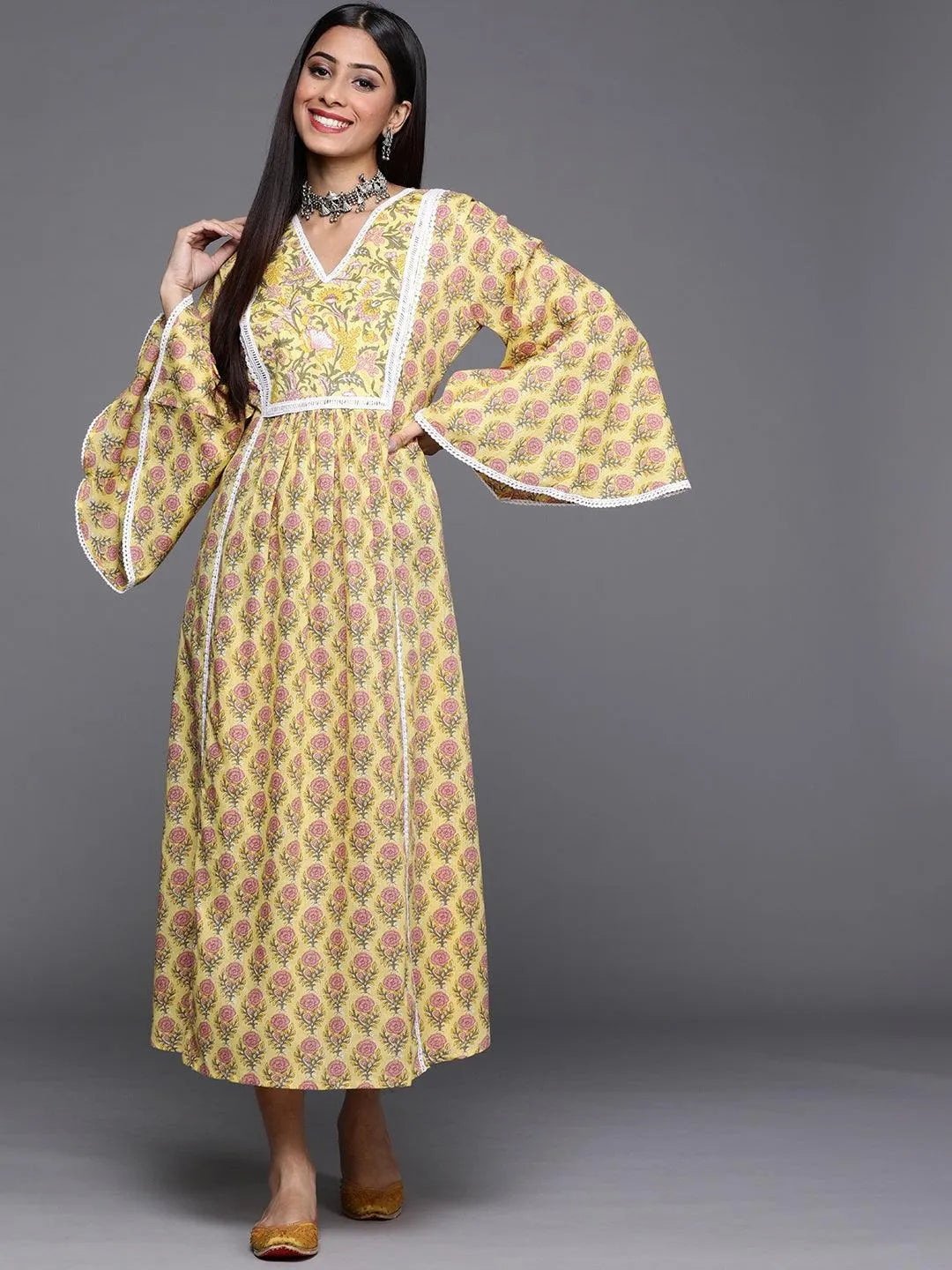 Yellow Printed Cotton Dress - Libas 