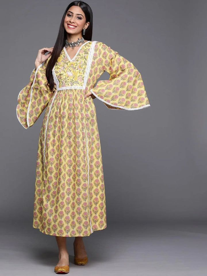 Yellow Printed Cotton Dress - Libas