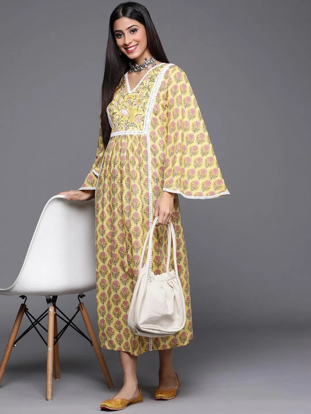 Yellow Printed Cotton Dress - Libas 