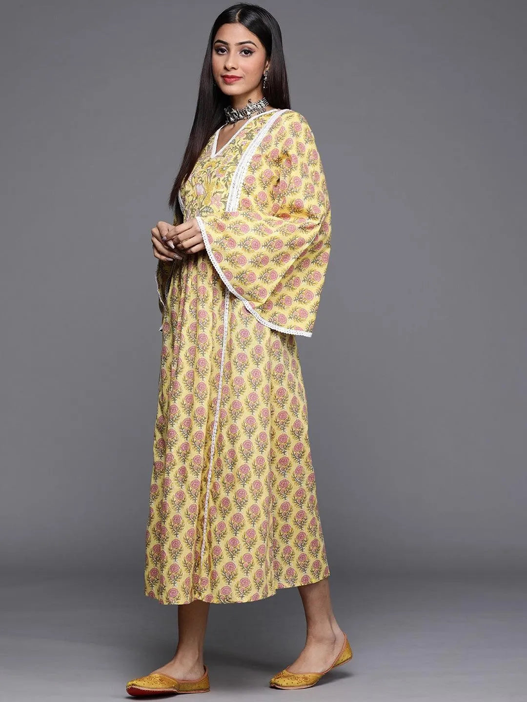 Yellow Printed Cotton Dress - Libas