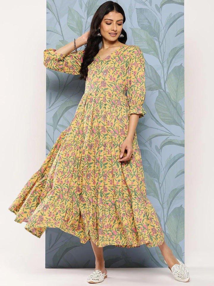 Yellow Printed Cotton Fit and Flare Dress - Libas