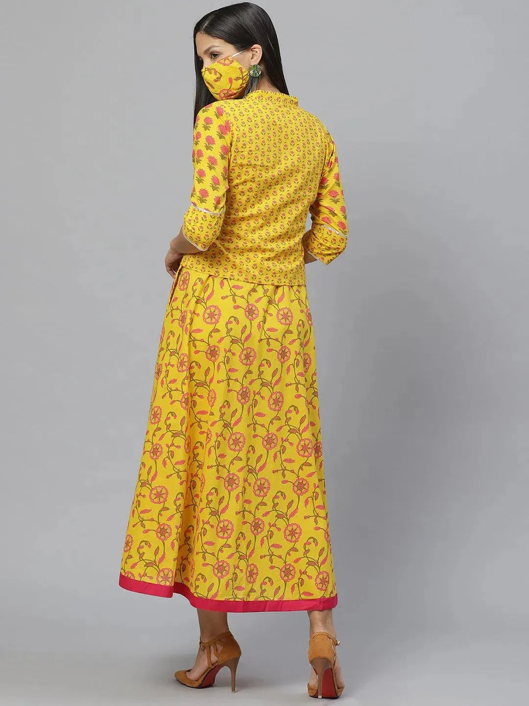 

Buy Yellow Printed Flared Dress With Ethnic Jacket And Mask Online | Libas