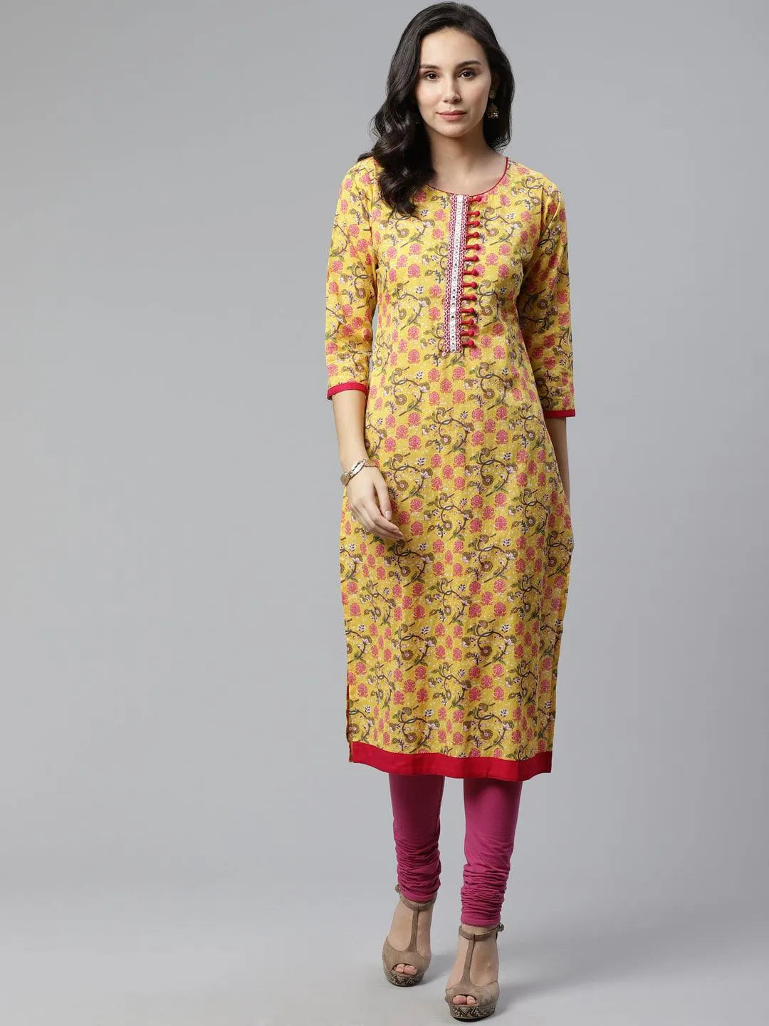 Yellow Printed Cotton Kurta - Libas