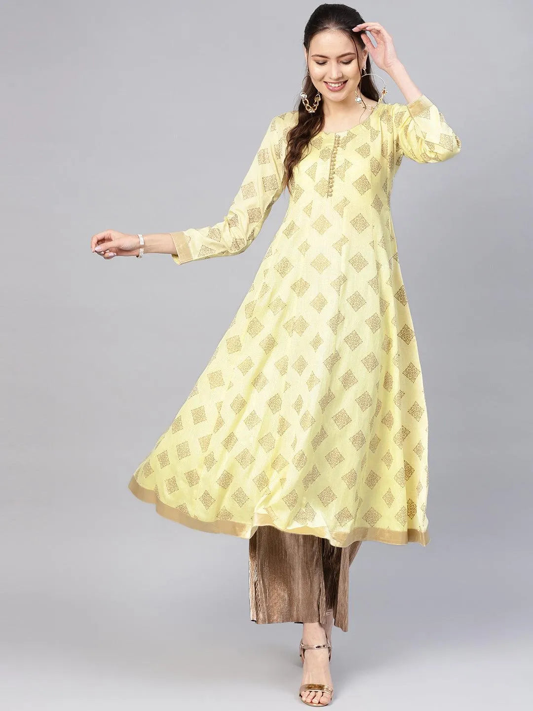 Yellow Printed Cotton Kurta - Libas