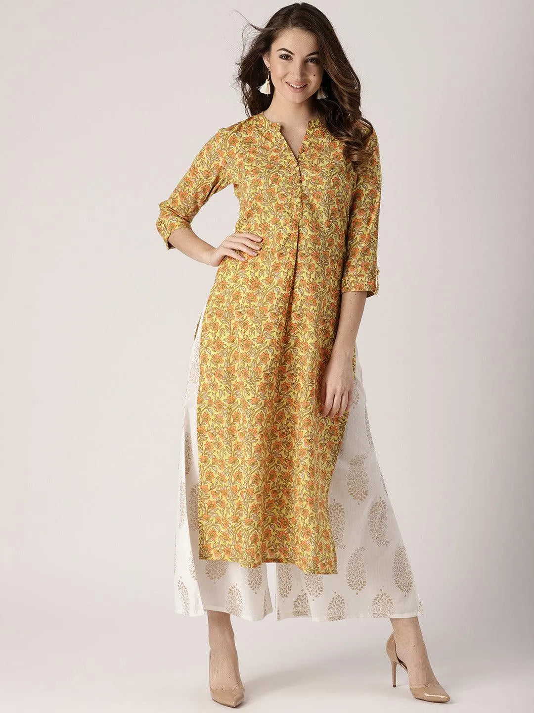 Yellow Printed Cotton Kurta - Libas