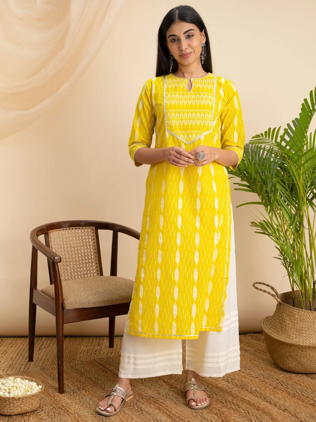 Yellow Printed Cotton Kurta - Libas