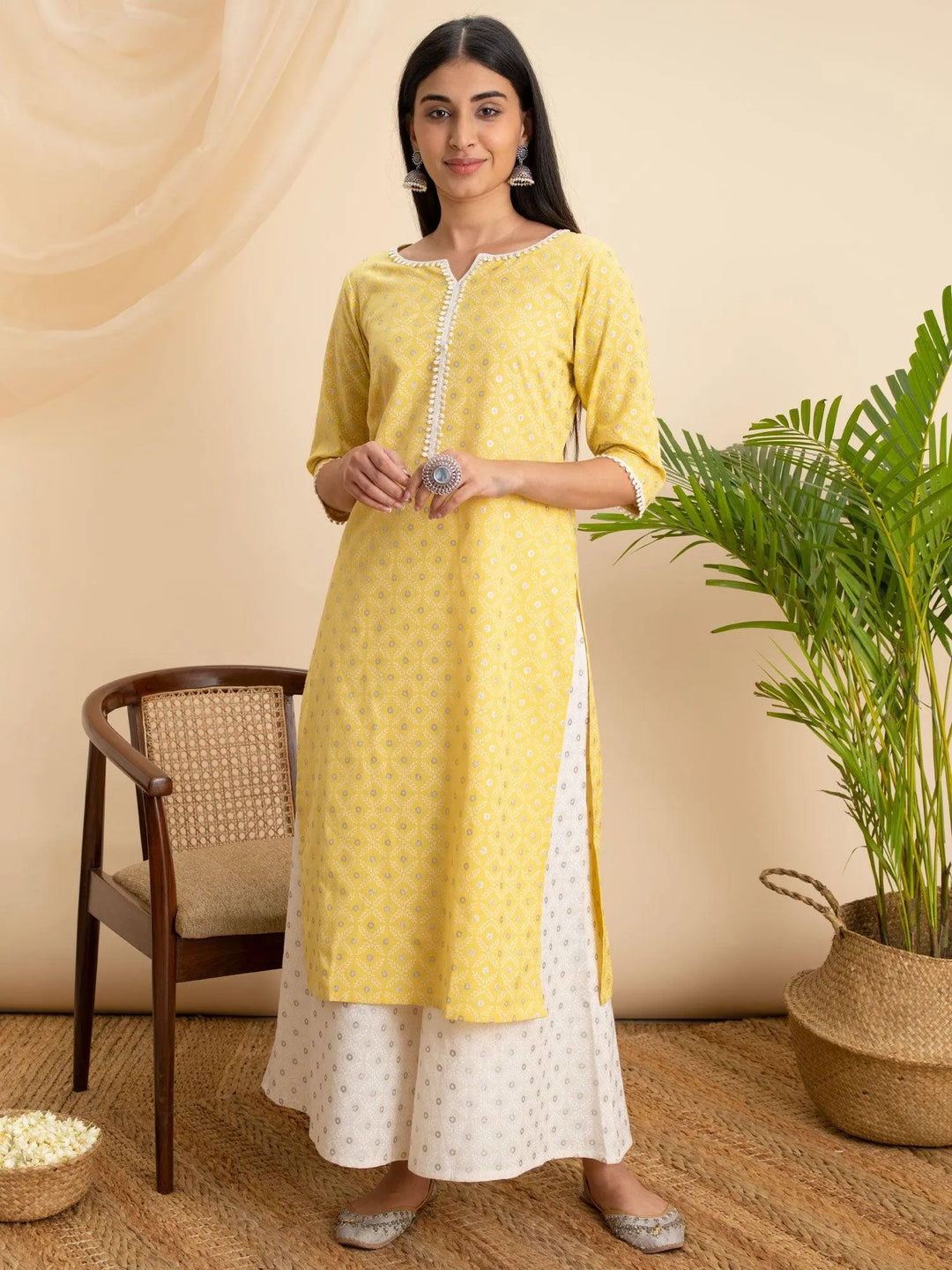 Yellow Printed Cotton Kurta - Libas