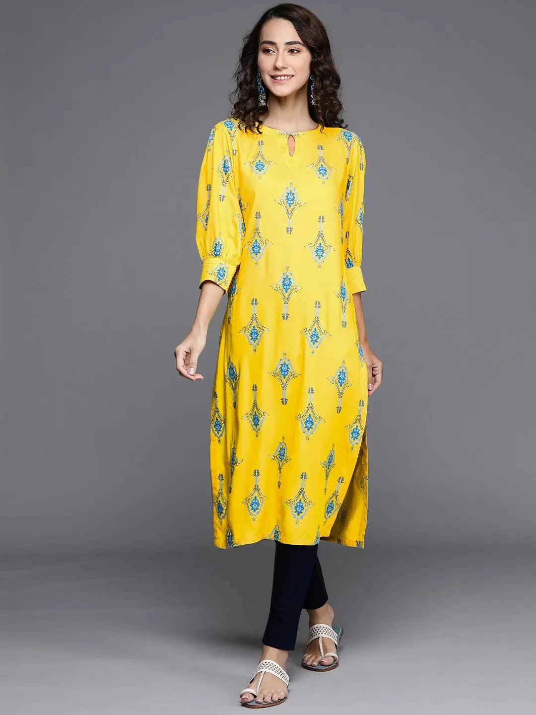 Yellow Printed Cotton Kurta - Libas