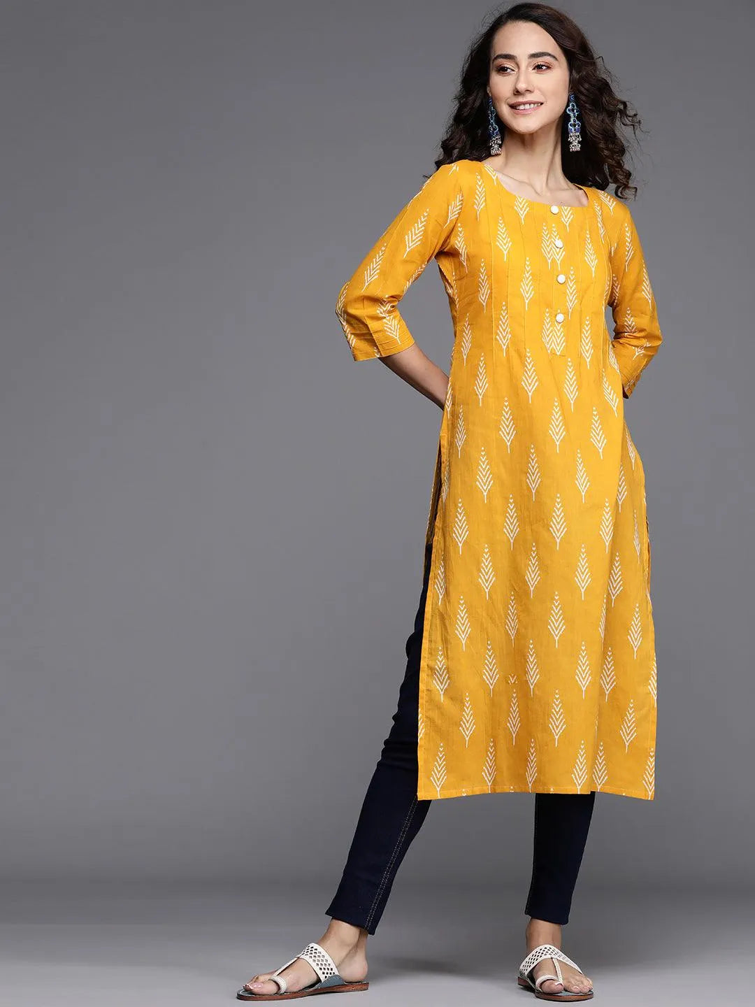 Yellow Printed Cotton Kurta - Libas