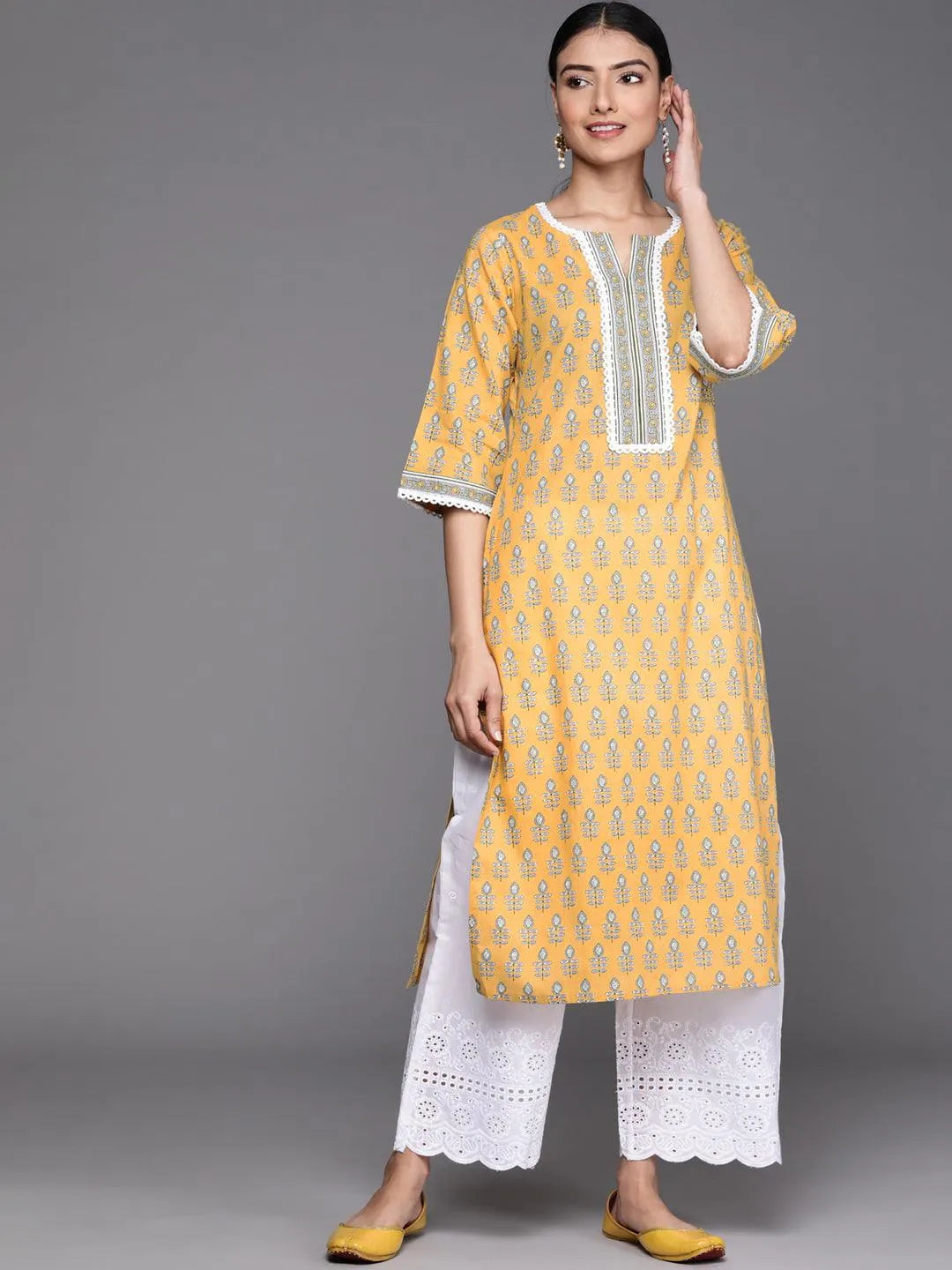 Yellow Printed Cotton Kurta - Libas