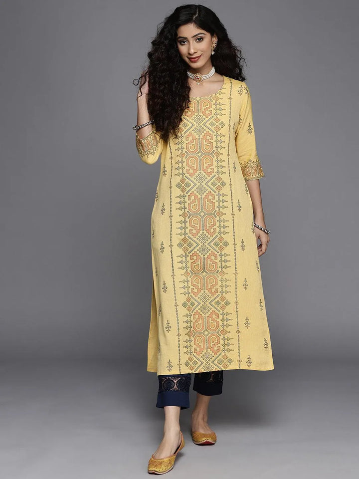 Yellow Printed Cotton Kurta - Libas