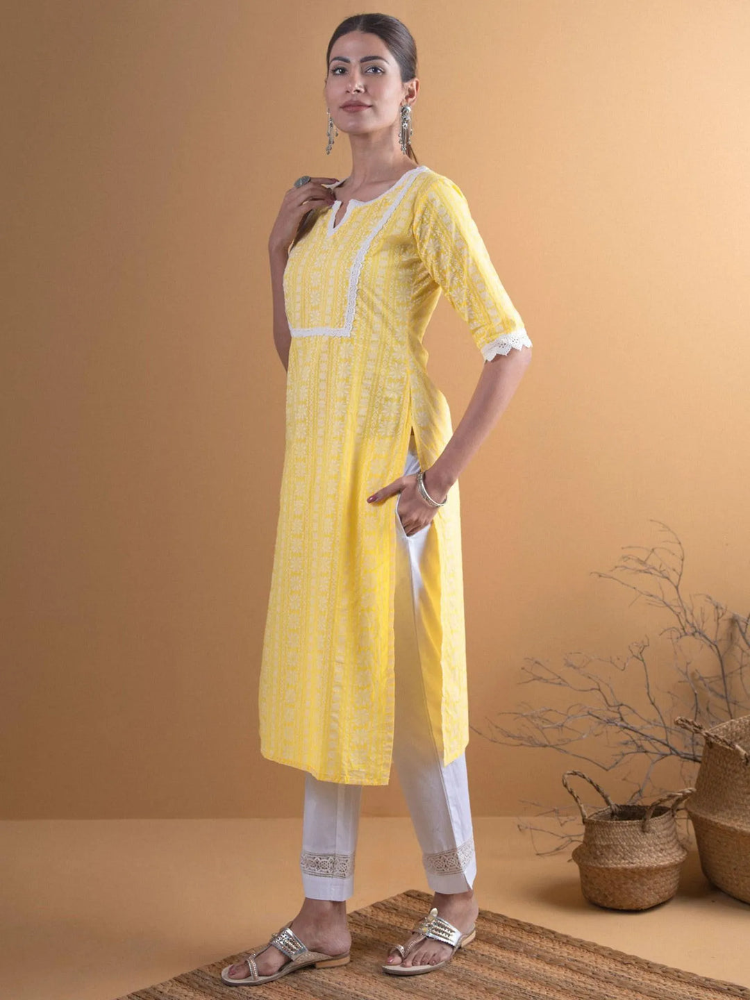 Yellow Printed Cotton Kurta - Libas 