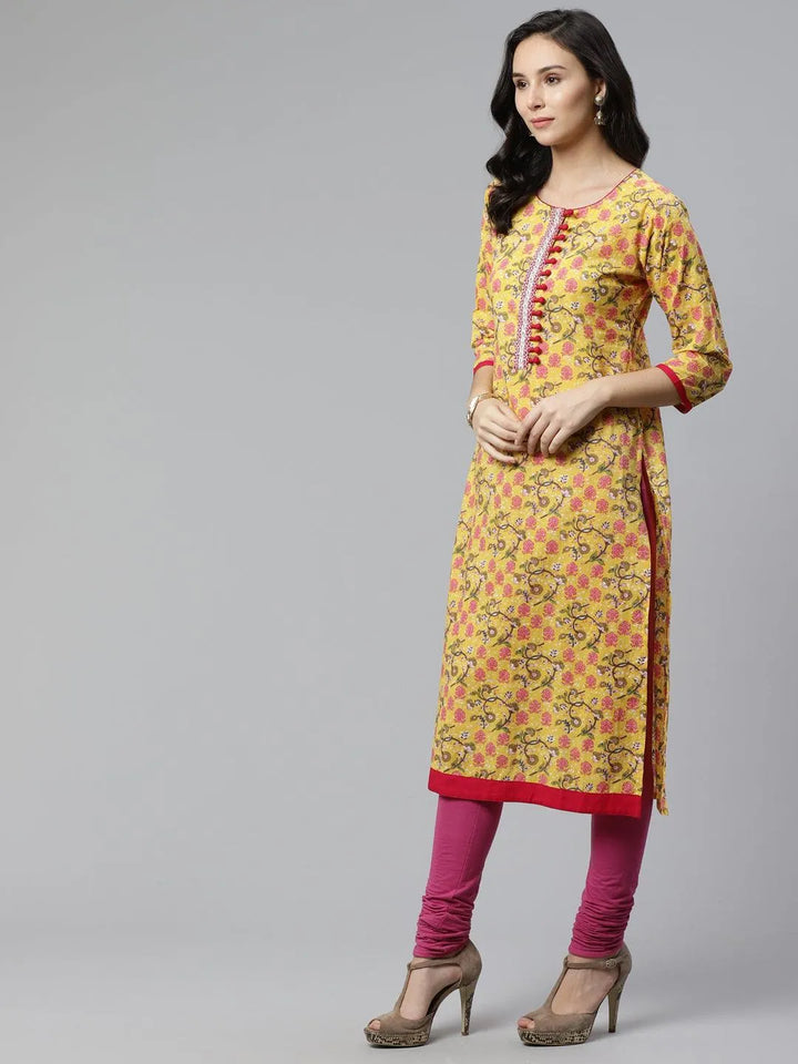 Yellow Printed Cotton Kurta - Libas