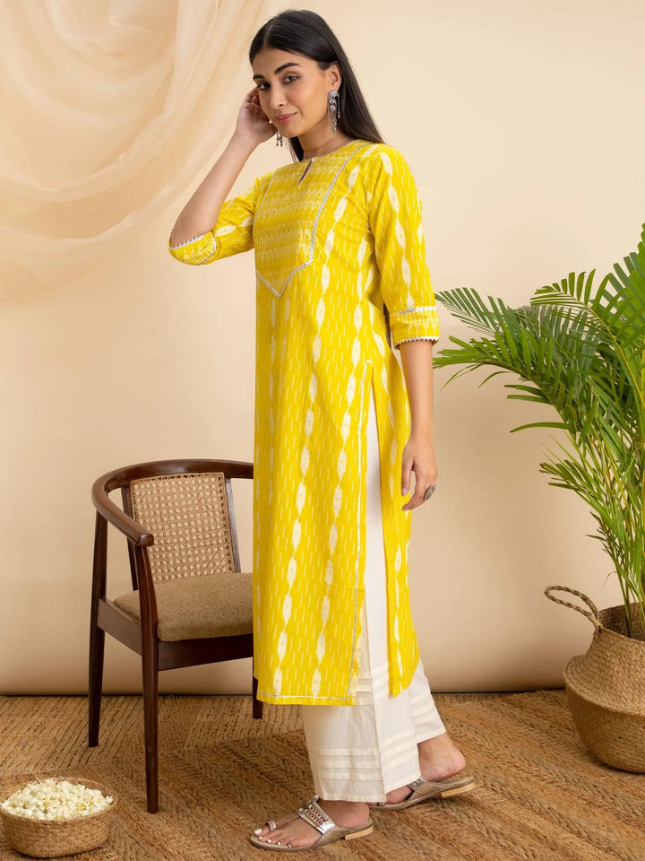 Yellow Printed Cotton Kurta - Libas