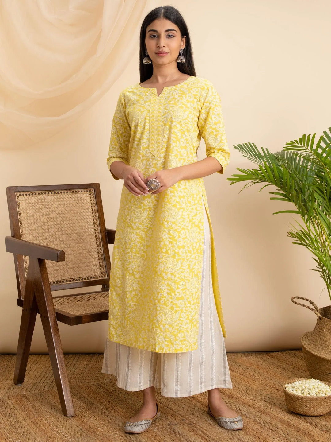 Yellow Printed Cotton Kurta - Libas