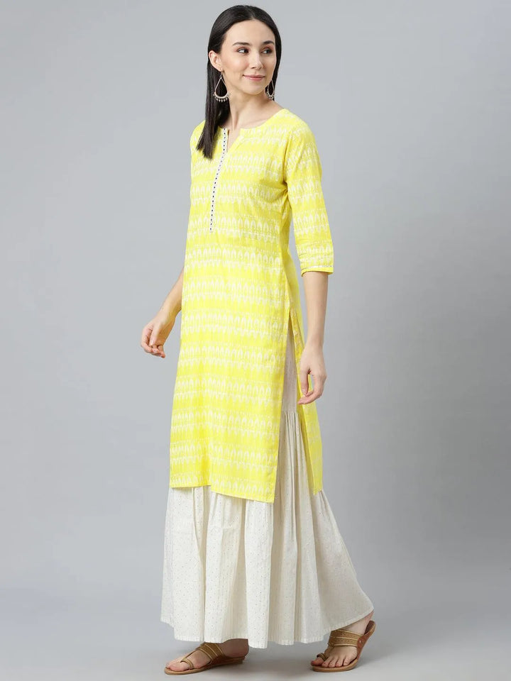 Yellow Printed Cotton Kurta - Libas