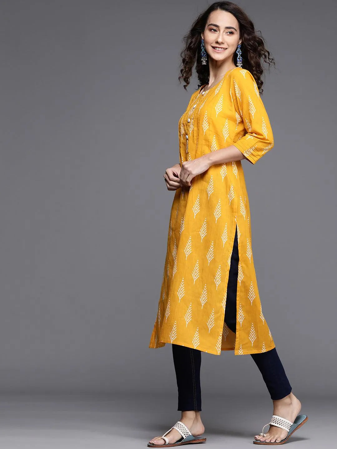 Yellow Printed Cotton Kurta - Libas