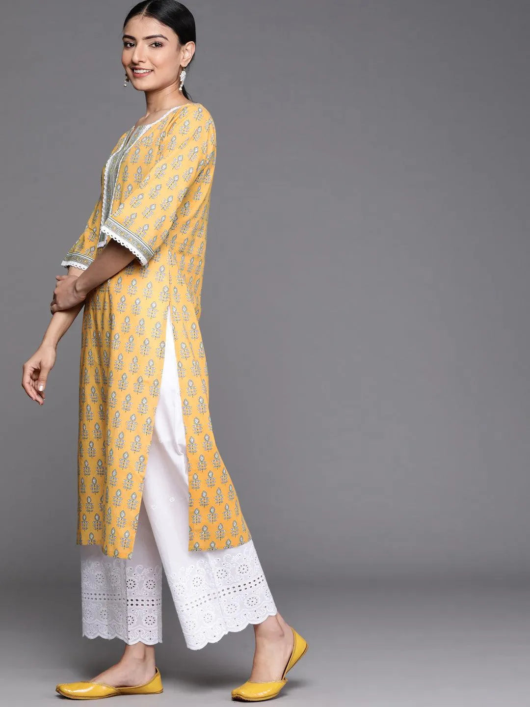 Yellow Printed Cotton Kurta - Libas