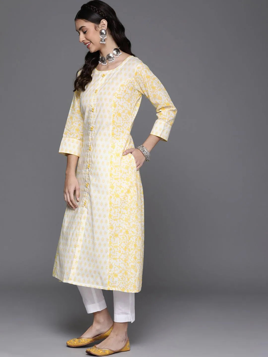 Yellow Printed Cotton Kurta - Libas