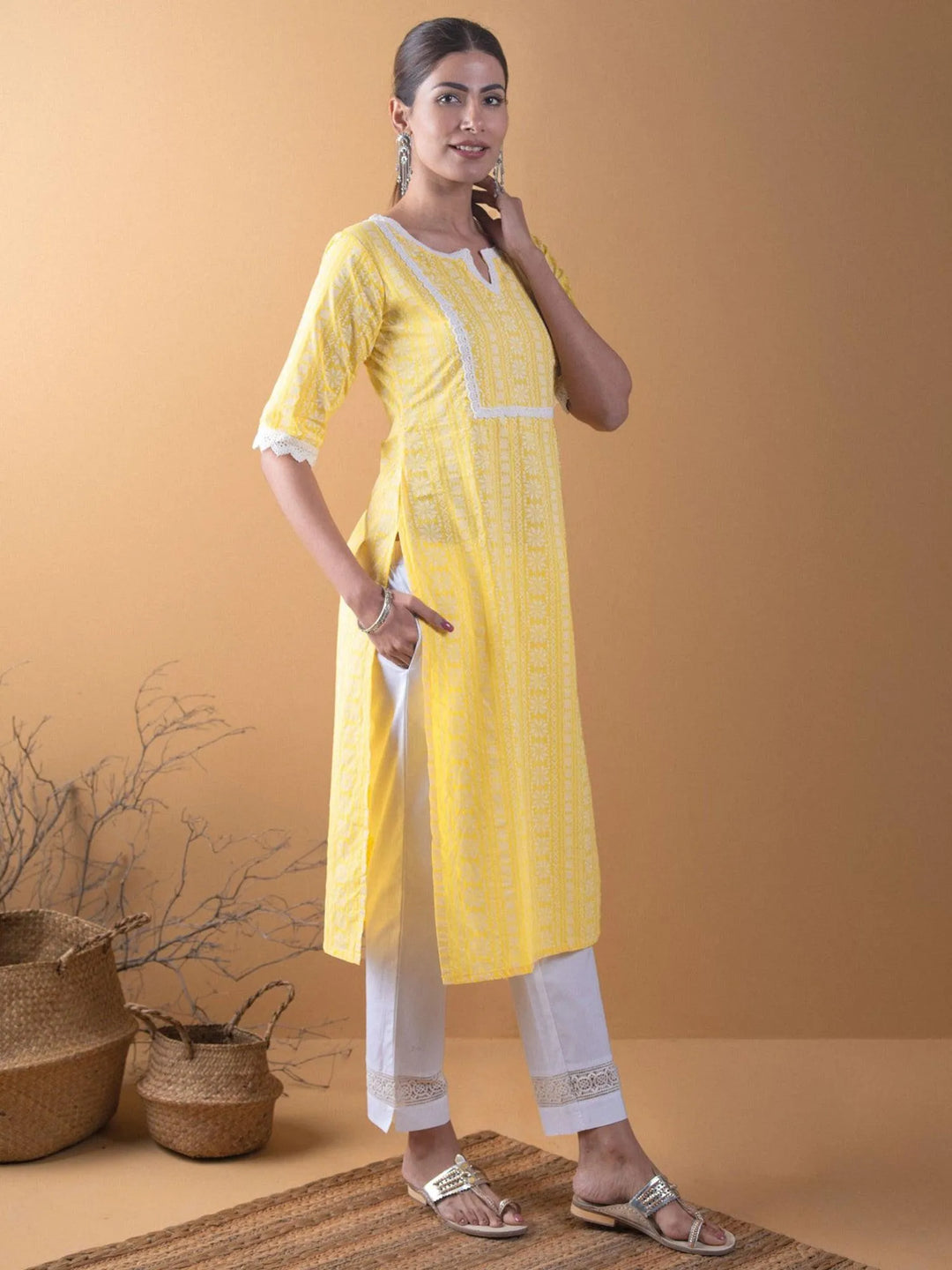 Yellow Printed Cotton Kurta - Libas