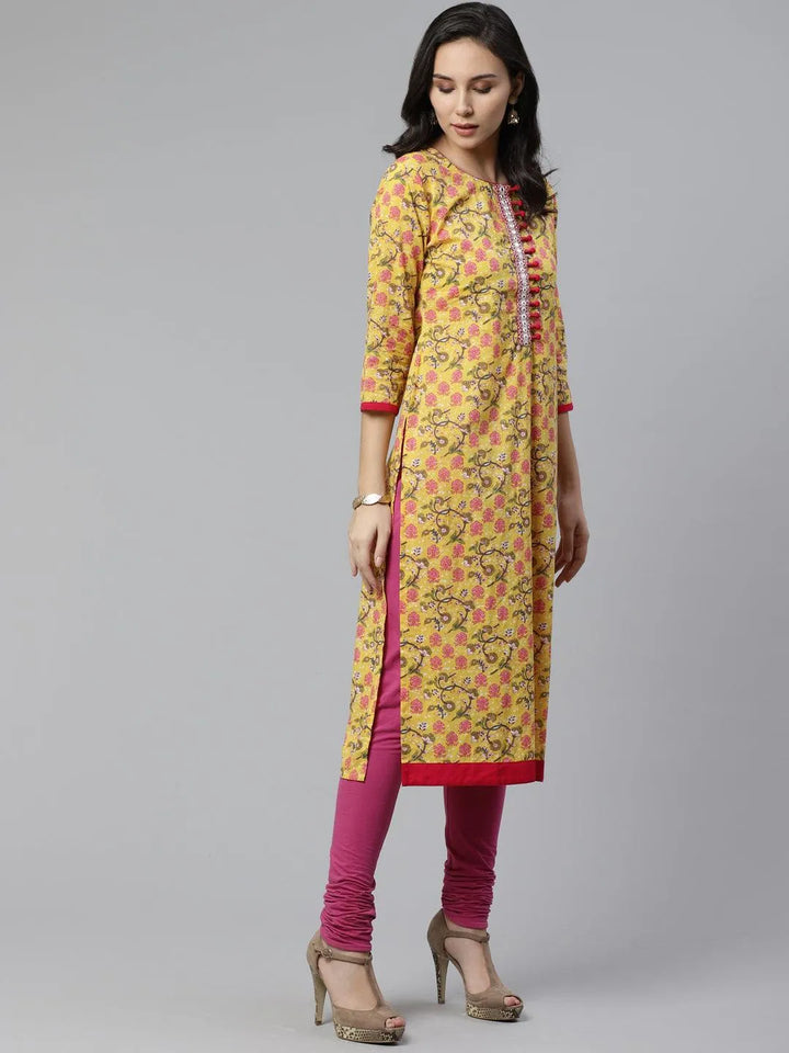 Yellow Printed Cotton Kurta - Libas