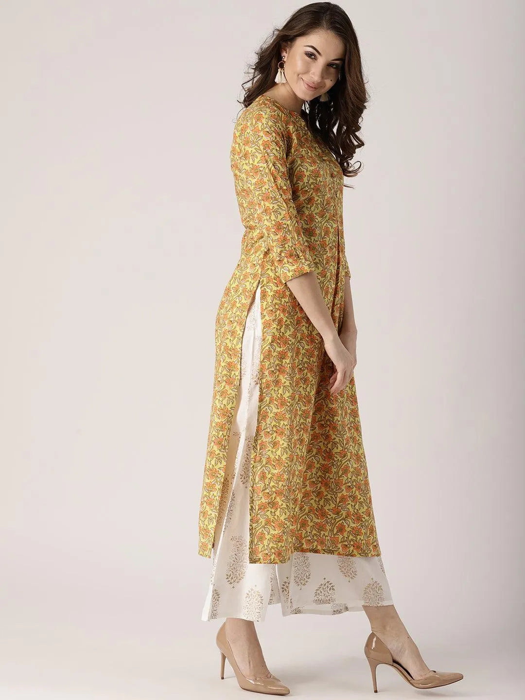 Yellow Printed Cotton Kurta - Libas