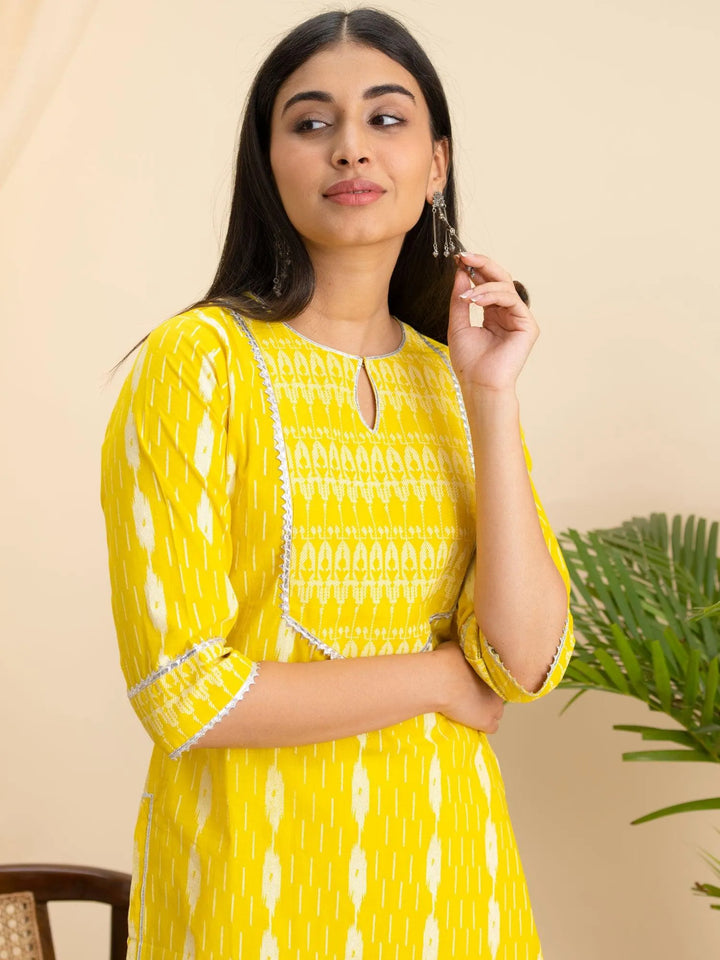 Yellow Printed Cotton Kurta - Libas