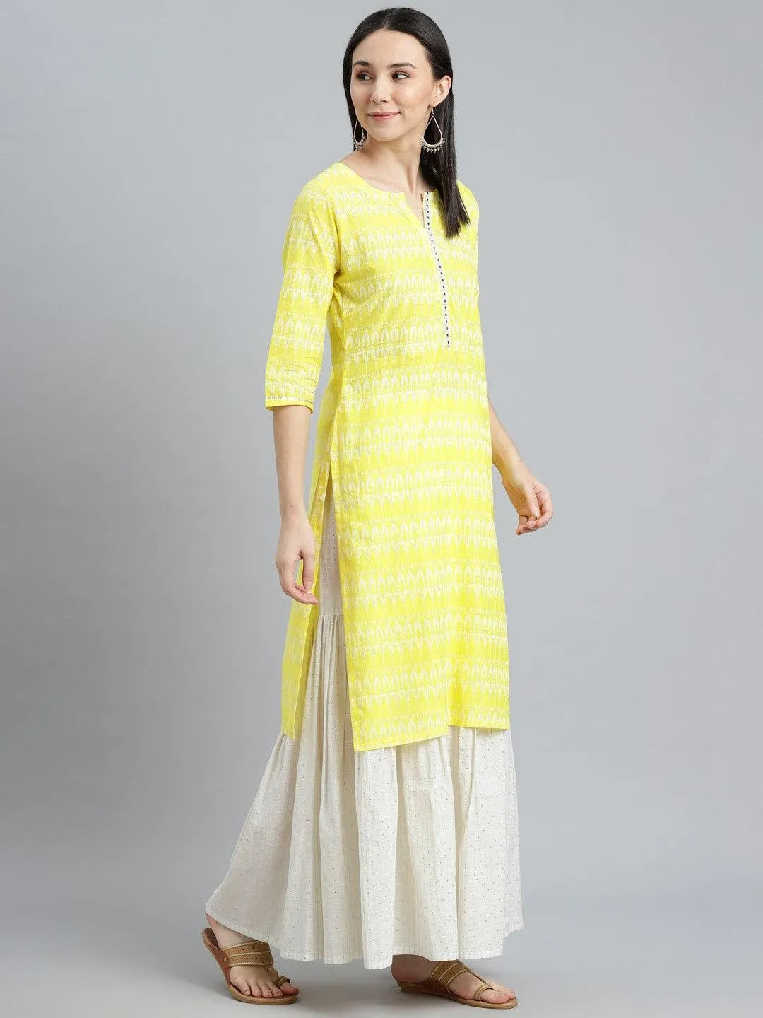 Yellow Printed Cotton Kurta - Libas