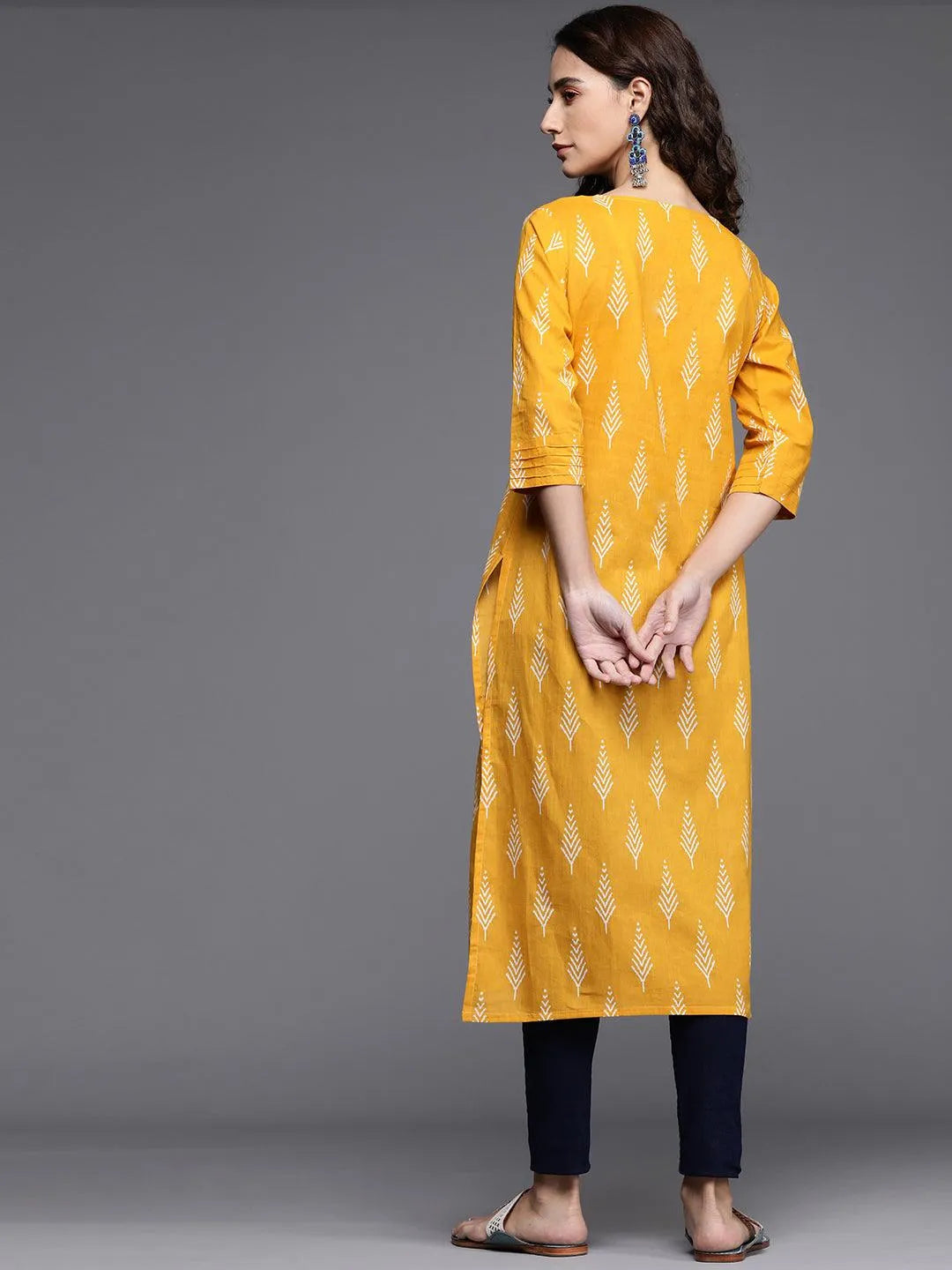 Yellow Printed Cotton Kurta - Libas