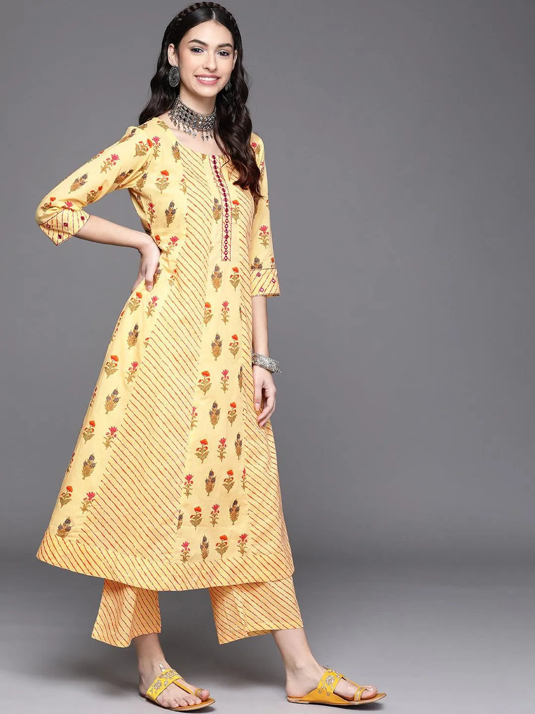 Yellow Printed Cotton Kurta - Libas