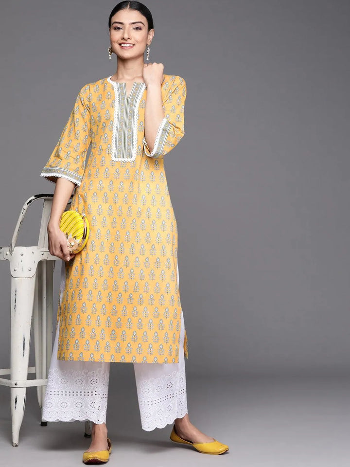 Yellow Printed Cotton Kurta - Libas