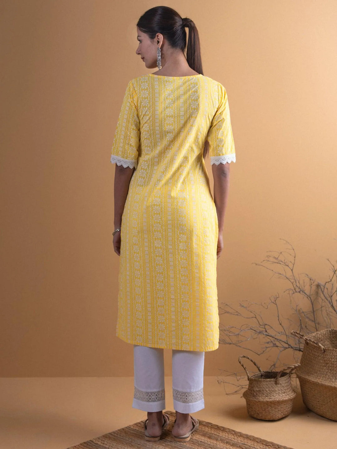 Yellow Printed Cotton Kurta - Libas 