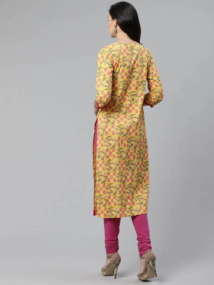 Yellow Printed Cotton Kurta - Libas