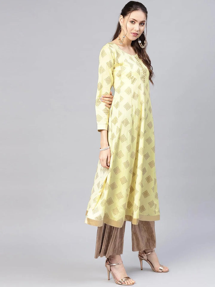 Yellow Printed Cotton Kurta - Libas