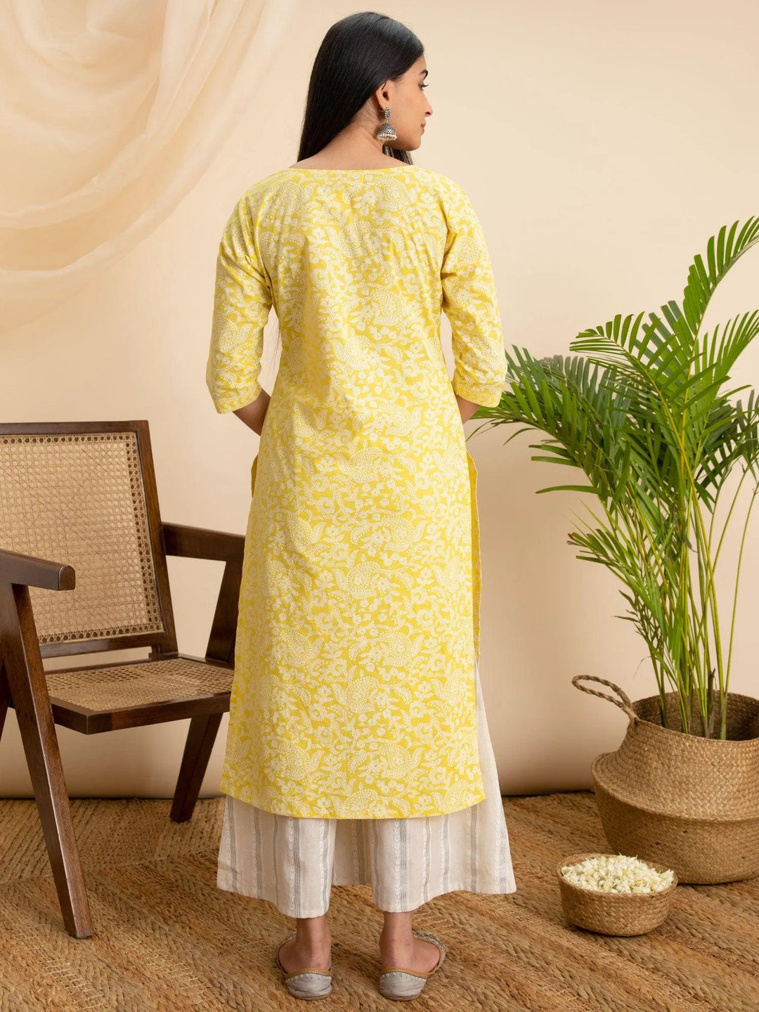 Yellow Printed Cotton Kurta - Libas