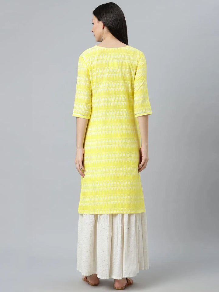 Yellow Printed Cotton Kurta - Libas