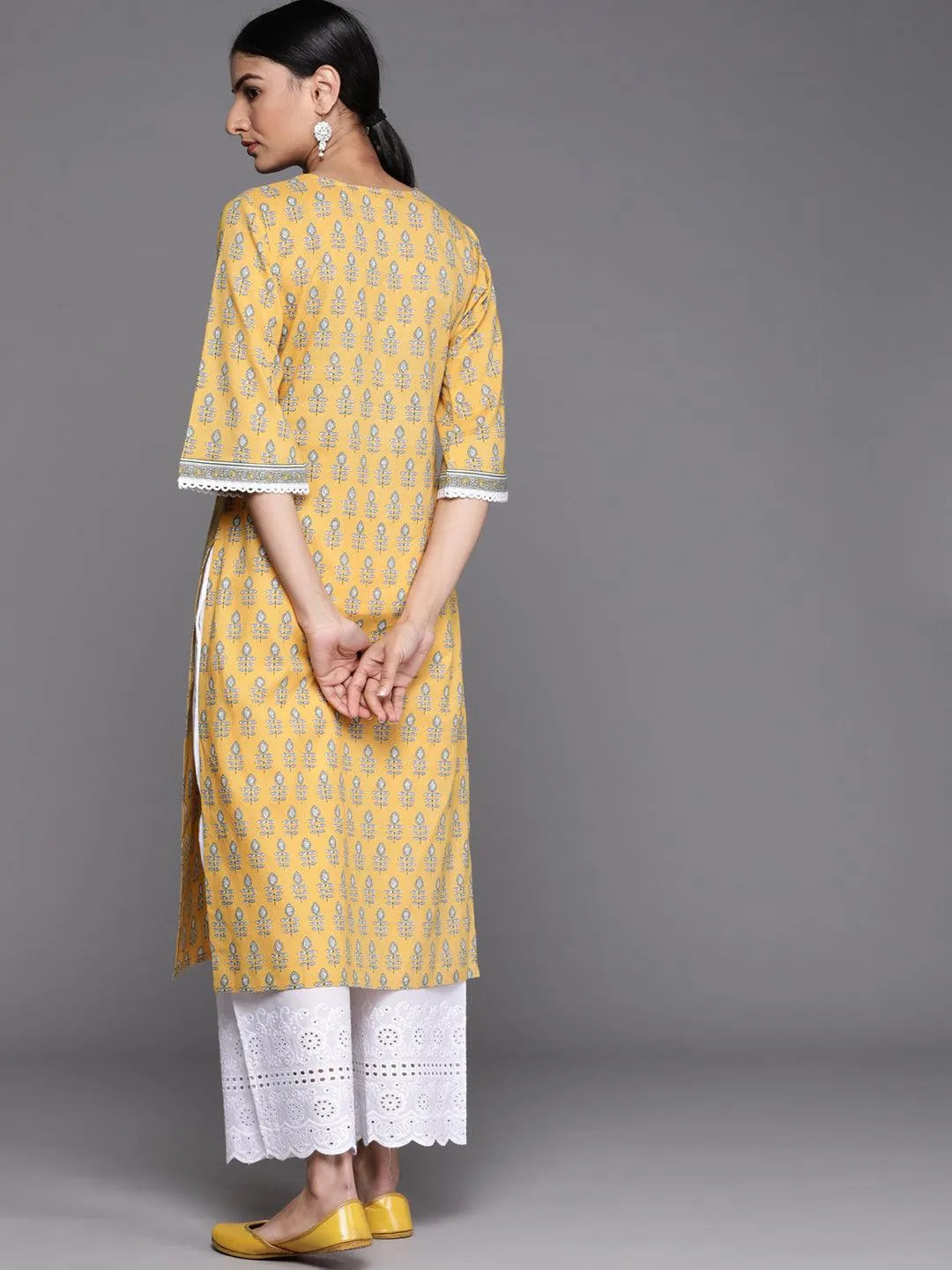 Yellow Printed Cotton Kurta - Libas