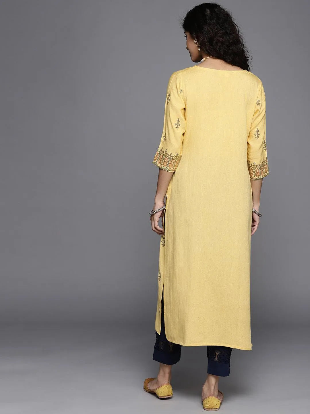 Yellow Printed Cotton Kurta - Libas